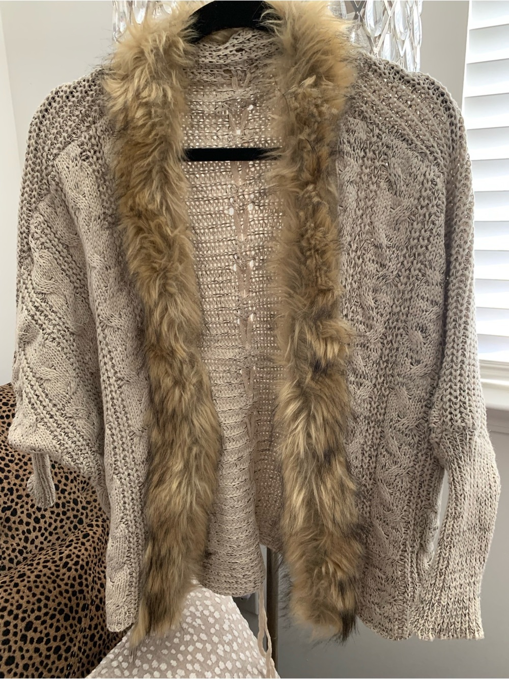 Taupe Open-Front Knit Cardigan with Faux Fur Trim